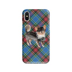 Long Haired Chihuahua Tartan phone case. 11 Tartan styles for your Iphone 15 Pro Max, Iphone 14, 13, 12 to 6 & Samsung Galaxy S23 Ultra, S22, S21 to S6 24 adventure dogs tartan case long haired chihuahua macbeth front view