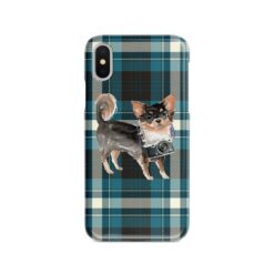 Long Haired Chihuahua Tartan phone case. 11 Tartan styles for your Iphone 15 Pro Max, Iphone 14, 13, 12 to 6 & Samsung Galaxy S23 Ultra, S22, S21 to S6 25 adventure dogs tartan case long haired chihuahua modern front view