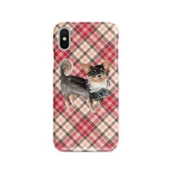 Long Haired Chihuahua Tartan phone case. 11 Tartan styles for your Iphone 15 Pro Max, Iphone 14, 13, 12 to 6 & Samsung Galaxy S23 Ultra, S22, S21 to S6 26 adventure dogs tartan case long haired chihuahua pink front view