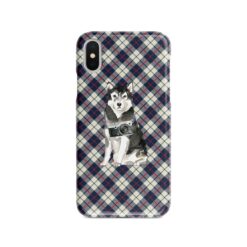 Malamute Tartan phone case. 11 Tartan styles for your Iphone 15 Pro Max, Iphone 14, 13, 12 to 6 & Samsung Galaxy S23 Ultra, S22, S21 to S6 18 adventure dogs tartan case malamute blue beige front view