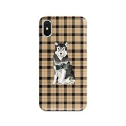 Malamute Tartan phone case. 11 Tartan styles for your Iphone 15 Pro Max, Iphone 14, 13, 12 to 6 & Samsung Galaxy S23 Ultra, S22, S21 to S6 19 adventure dogs tartan case malamute brown tartan front view
