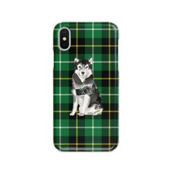 Malamute Tartan phone case. 11 Tartan styles for your Iphone 15 Pro Max, Iphone 14, 13, 12 to 6 & Samsung Galaxy S23 Ultra, S22, S21 to S6 22 adventure dogs tartan case malamute green tartan front view