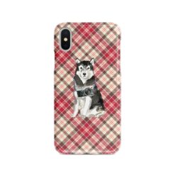 Malamute Tartan phone case. 11 Tartan styles for your Iphone 15 Pro Max, Iphone 14, 13, 12 to 6 & Samsung Galaxy S23 Ultra, S22, S21 to S6 25 adventure dogs tartan case malamute pink front view