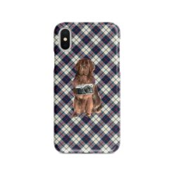 Newfoundland Tartan phone case. 11 Tartan styles for your Iphone 15 Pro Max, Iphone 14, 13, 12 to 6 & Samsung Galaxy S23 Ultra, S22, S21 to S6 18 adventure dogs tartan case newfoundland blue beige front view