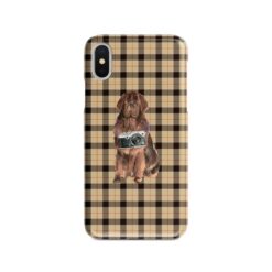 Newfoundland Tartan phone case. 11 Tartan styles for your Iphone 15 Pro Max, Iphone 14, 13, 12 to 6 & Samsung Galaxy S23 Ultra, S22, S21 to S6 19 adventure dogs tartan case newfoundland brown tartan front view