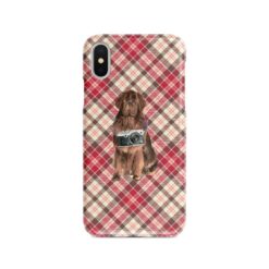 Newfoundland Tartan phone case. 11 Tartan styles for your Iphone 15 Pro Max, Iphone 14, 13, 12 to 6 & Samsung Galaxy S23 Ultra, S22, S21 to S6 25 adventure dogs tartan case newfoundland pink front view