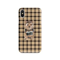 Norfolk Terrier Tartan phone case. 11 Tartan styles for your Iphone 15 Pro Max, Iphone 14, 13, 12 to 6 & Samsung Galaxy S23 Ultra, S22, S21 to S6 19 adventure dogs tartan case norfolk terrier brown tartan front view