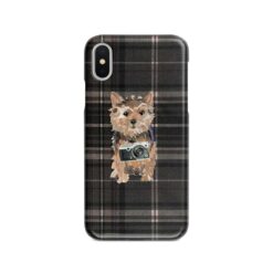 Norfolk Terrier Tartan phone case. 11 Tartan styles for your Iphone 15 Pro Max, Iphone 14, 13, 12 to 6 & Samsung Galaxy S23 Ultra, S22, S21 to S6 20 adventure dogs tartan case norfolk terrier dark tartan front view