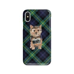 Norfolk Terrier Tartan phone case. 11 Tartan styles for your Iphone 15 Pro Max, Iphone 14, 13, 12 to 6 & Samsung Galaxy S23 Ultra, S22, S21 to S6 21 adventure dogs tartan case norfolk terrier gordon front view