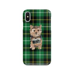 Norfolk Terrier Tartan phone case. 11 Tartan styles for your Iphone 15 Pro Max, Iphone 14, 13, 12 to 6 & Samsung Galaxy S23 Ultra, S22, S21 to S6 22 adventure dogs tartan case norfolk terrier green tartan front view