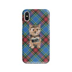 Norfolk Terrier Tartan phone case. 11 Tartan styles for your Iphone 15 Pro Max, Iphone 14, 13, 12 to 6 & Samsung Galaxy S23 Ultra, S22, S21 to S6 23 adventure dogs tartan case norfolk terrier macbeth front view
