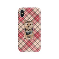 Norfolk Terrier Tartan phone case. 11 Tartan styles for your Iphone 15 Pro Max, Iphone 14, 13, 12 to 6 & Samsung Galaxy S23 Ultra, S22, S21 to S6 25 adventure dogs tartan case norfolk terrier pink front view