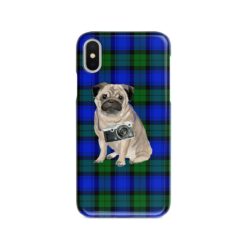 Pug Tartan phone case. 11 Tartan styles for your Iphone 15 Pro Max, Iphone 14, 13, 12 to 6 & Samsung Galaxy S23 Ultra, S22, S21 to S6 17 adventure dogs tartan case pug black watch front view