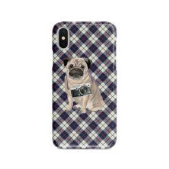 Pug Tartan phone case. 11 Tartan styles for your Iphone 15 Pro Max, Iphone 14, 13, 12 to 6 & Samsung Galaxy S23 Ultra, S22, S21 to S6 18 adventure dogs tartan case pug blue beige front view