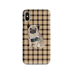 Pug Tartan phone case. 11 Tartan styles for your Iphone 15 Pro Max, Iphone 14, 13, 12 to 6 & Samsung Galaxy S23 Ultra, S22, S21 to S6 19 adventure dogs tartan case pug brown tartan front view