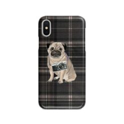 Pug Tartan phone case. 11 Tartan styles for your Iphone 15 Pro Max, Iphone 14, 13, 12 to 6 & Samsung Galaxy S23 Ultra, S22, S21 to S6 20 adventure dogs tartan case pug dark tartan front view