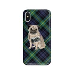 Pug Tartan phone case. 11 Tartan styles for your Iphone 15 Pro Max, Iphone 14, 13, 12 to 6 & Samsung Galaxy S23 Ultra, S22, S21 to S6 21 adventure dogs tartan case pug gordon front view