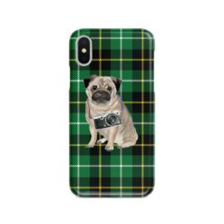 Pug Tartan phone case. 11 Tartan styles for your Iphone 15 Pro Max, Iphone 14, 13, 12 to 6 & Samsung Galaxy S23 Ultra, S22, S21 to S6 22 adventure dogs tartan case pug green tartan front view