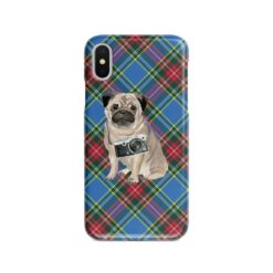 Pug Tartan phone case. 11 Tartan styles for your Iphone 15 Pro Max, Iphone 14, 13, 12 to 6 & Samsung Galaxy S23 Ultra, S22, S21 to S6 23 adventure dogs tartan case pug macbeth front view