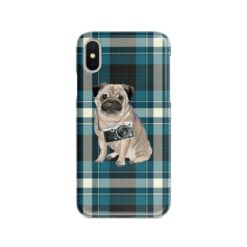 Pug Tartan phone case. 11 Tartan styles for your Iphone 15 Pro Max, Iphone 14, 13, 12 to 6 & Samsung Galaxy S23 Ultra, S22, S21 to S6 24 adventure dogs tartan case pug modern front view