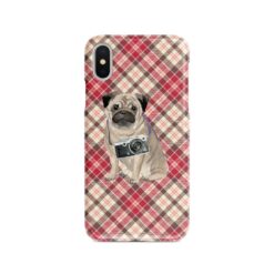 Pug Tartan phone case. 11 Tartan styles for your Iphone 15 Pro Max, Iphone 14, 13, 12 to 6 & Samsung Galaxy S23 Ultra, S22, S21 to S6 25 adventure dogs tartan case pug pink front view
