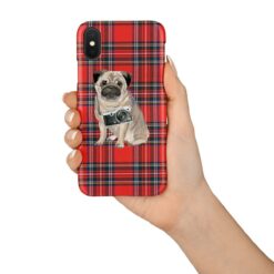 Pug Tartan phone case. 11 Tartan styles for your Iphone 15 Pro Max, Iphone 14, 13, 12 to 6 & Samsung Galaxy S23 Ultra, S22, S21 to S6 16 adventure dogs tartan case pug royal stewart in hand