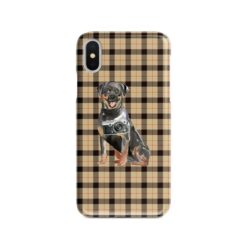 Rottweiler Tartan phone case. 11 Tartan styles for your Iphone 15 Pro Max, Iphone 14, 13, 12 to 6 & Samsung Galaxy S23 Ultra, S22, S21 to S6 19 adventure dogs tartan case rottweiler brown tartan front view