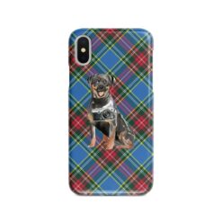 Rottweiler Tartan phone case. 11 Tartan styles for your Iphone 15 Pro Max, Iphone 14, 13, 12 to 6 & Samsung Galaxy S23 Ultra, S22, S21 to S6 23 adventure dogs tartan case rottweiler macbeth front view
