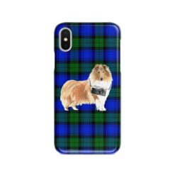 Rough Collie Tartan phone case. 11 Tartan styles for your Iphone 15 Pro Max, Iphone 14, 13, 12 to 6 & Samsung Galaxy S23 Ultra, S22, S21 to S6 17 adventure dogs tartan case rough collie black watch front view