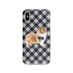 Rough Collie Tartan phone case. 11 Tartan styles for your Iphone 15 Pro Max, Iphone 14, 13, 12 to 6 & Samsung Galaxy S23 Ultra, S22, S21 to S6 18 adventure dogs tartan case rough collie blue beige front view