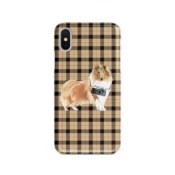 Rough Collie Tartan phone case. 11 Tartan styles for your Iphone 15 Pro Max, Iphone 14, 13, 12 to 6 & Samsung Galaxy S23 Ultra, S22, S21 to S6 19 adventure dogs tartan case rough collie brown tartan front view