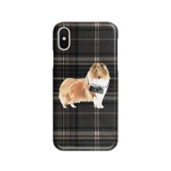 Rough Collie Tartan phone case. 11 Tartan styles for your Iphone 15 Pro Max, Iphone 14, 13, 12 to 6 & Samsung Galaxy S23 Ultra, S22, S21 to S6 20 adventure dogs tartan case rough collie dark tartan front view