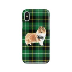 Rough Collie Tartan phone case. 11 Tartan styles for your Iphone 15 Pro Max, Iphone 14, 13, 12 to 6 & Samsung Galaxy S23 Ultra, S22, S21 to S6 22 adventure dogs tartan case rough collie green tartan front view