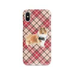 Rough Collie Tartan phone case. 11 Tartan styles for your Iphone 15 Pro Max, Iphone 14, 13, 12 to 6 & Samsung Galaxy S23 Ultra, S22, S21 to S6 25 adventure dogs tartan case rough collie pink front view