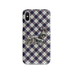 Scottish Terrier Tartan phone case. 11 Tartan styles for your Iphone 15 Pro Max, Iphone 14, 13, 12 to 6 & Samsung Galaxy S23 Ultra, S22, S21 to S6 18 adventure dogs tartan case scottish terrier blue beige front view