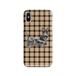 Scottish Terrier Tartan phone case. 11 Tartan styles for your Iphone 15 Pro Max, Iphone 14, 13, 12 to 6 & Samsung Galaxy S23 Ultra, S22, S21 to S6 19 adventure dogs tartan case scottish terrier brown tartan front view