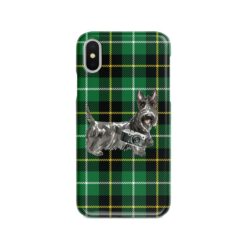 Scottish Terrier Tartan phone case. 11 Tartan styles for your Iphone 15 Pro Max, Iphone 14, 13, 12 to 6 & Samsung Galaxy S23 Ultra, S22, S21 to S6 22 adventure dogs tartan case scottish terrier green tartan front view