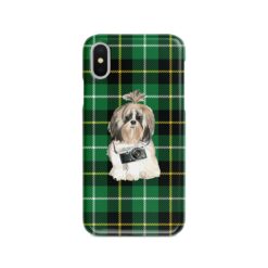 adventure dogs tartan case shih tzu long hair green tartan front view
