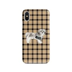 Shih tzu Short hair Tartan phone case. 11 Tartan styles for your Iphone 15 Pro Max, Iphone 14, 13, 12 to 6 & Samsung Galaxy S23 Ultra, S22, S21 to S6 20 adventure dogs tartan case shih tzu short hair brown tartan front view