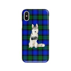 Siberian Husky Tartan phone case. 11 Tartan styles for your Iphone 15 Pro Max, Iphone 14, 13, 12 to 6 & Samsung Galaxy S23 Ultra, S22, S21 to S6 17 adventure dogs tartan case siberian husky black watch front view