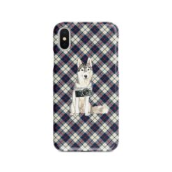 Siberian Husky Tartan phone case. 11 Tartan styles for your Iphone 15 Pro Max, Iphone 14, 13, 12 to 6 & Samsung Galaxy S23 Ultra, S22, S21 to S6 18 adventure dogs tartan case siberian husky blue beige front view