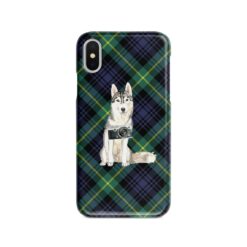 Siberian Husky Tartan phone case. 11 Tartan styles for your Iphone 15 Pro Max, Iphone 14, 13, 12 to 6 & Samsung Galaxy S23 Ultra, S22, S21 to S6 21 adventure dogs tartan case siberian husky gordon front view