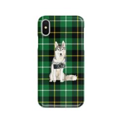 Siberian Husky Tartan phone case. 11 Tartan styles for your Iphone 15 Pro Max, Iphone 14, 13, 12 to 6 & Samsung Galaxy S23 Ultra, S22, S21 to S6 22 adventure dogs tartan case siberian husky green tartan front view