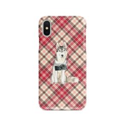 Siberian Husky Tartan phone case. 11 Tartan styles for your Iphone 15 Pro Max, Iphone 14, 13, 12 to 6 & Samsung Galaxy S23 Ultra, S22, S21 to S6 25 adventure dogs tartan case siberian husky pink front view
