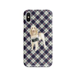 Spinone Italiano Tartan phone case. 11 Tartan styles for your Iphone 15 Pro Max, Iphone 14, 13, 12 to 6 & Samsung Galaxy S23 Ultra, S22, S21 to S6 18 adventure dogs tartan case spinone italiano blue beige front view