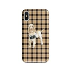 Spinone Italiano Tartan phone case. 11 Tartan styles for your Iphone 15 Pro Max, Iphone 14, 13, 12 to 6 & Samsung Galaxy S23 Ultra, S22, S21 to S6 19 adventure dogs tartan case spinone italiano brown tartan front view
