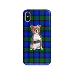 Staffordshire Bull Terrier Tartan phone case. 11 Tartan styles for your Iphone 15 Pro Max, Iphone 14, 13, 12 to 6 & Samsung Galaxy S23 Ultra, S22, S21 to S6 17 adventure dogs tartan case staffordshire bull terrier black watch front view