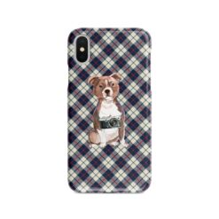 Staffordshire Bull Terrier Tartan phone case. 11 Tartan styles for your Iphone 15 Pro Max, Iphone 14, 13, 12 to 6 & Samsung Galaxy S23 Ultra, S22, S21 to S6 18 adventure dogs tartan case staffordshire bull terrier blue beige front view