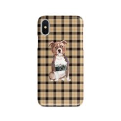 Staffordshire Bull Terrier Tartan phone case. 11 Tartan styles for your Iphone 15 Pro Max, Iphone 14, 13, 12 to 6 & Samsung Galaxy S23 Ultra, S22, S21 to S6 19 adventure dogs tartan case staffordshire bull terrier brown tartan front view