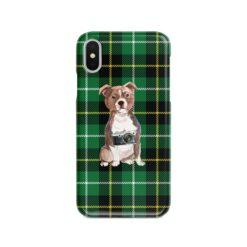 Staffordshire Bull Terrier Tartan phone case. 11 Tartan styles for your Iphone 15 Pro Max, Iphone 14, 13, 12 to 6 & Samsung Galaxy S23 Ultra, S22, S21 to S6 22 adventure dogs tartan case staffordshire bull terrier green tartan front view